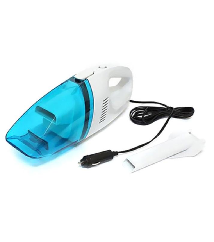 Handy mini car vacuum cleaner with dust brush and cleaning nozzle attachments on a white background