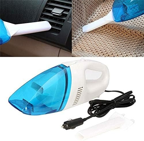  Blue and white car vacuum cleaner cleaning an air vent and car seat fabric