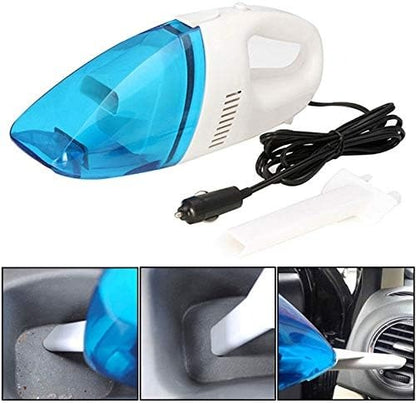 Handy mini car vacuum cleaner with power cord and nozzle attachment, shown in use inside a car